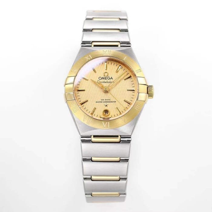 top-tier replica watch Omega women's gold plate constellation series steel bracelet watch front view