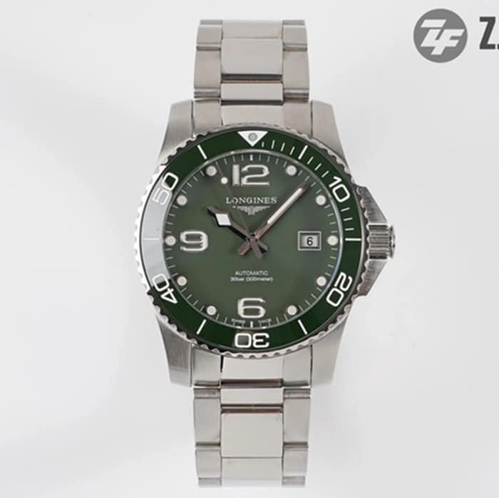 top-tier replica watch Longines men's green dial Concas series mechanical steel bracelet watch front view