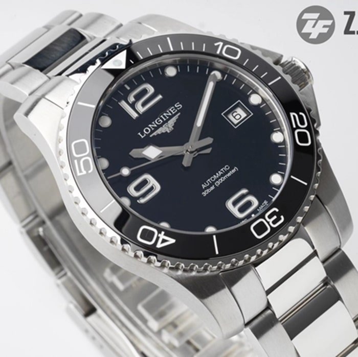 top-tier replica watch Longines men's black dial Concas mechanical steel bracelet watch front view