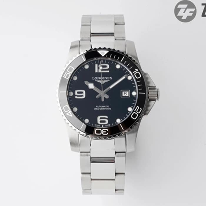top-tier replica watch Longines men's black dial Concas mechanical steel bracelet watch front view