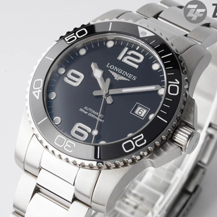 top-tier replica watch Longines men's black dial Concas mechanical steel bracelet watch front view