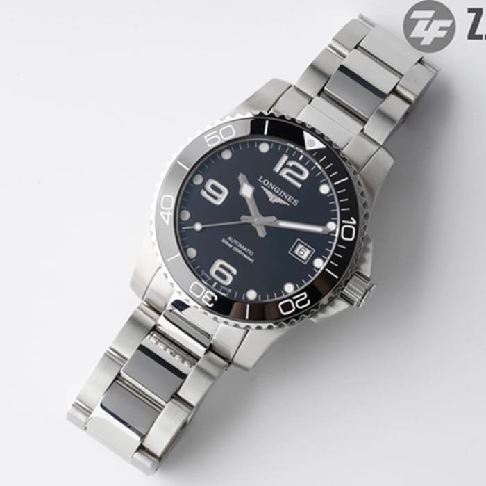 top-tier replica watch Longines men's black dial Concas mechanical steel bracelet watch front view