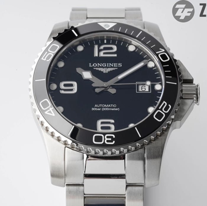 top-tier replica watch Longines men's black dial Concas mechanical steel bracelet watch front view