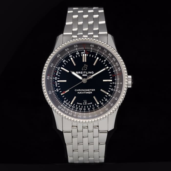 top-tier replica watch Breitling men's black dial aviation chronograph1 series steel bracelet watch front view
