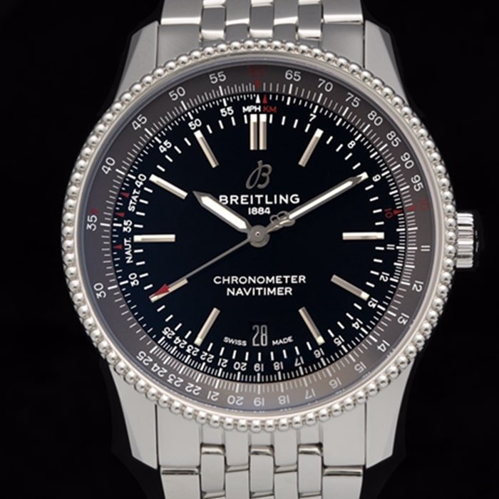 top-tier replica watch Breitling men's black dial aviation chronograph1 series steel bracelet watch front view
