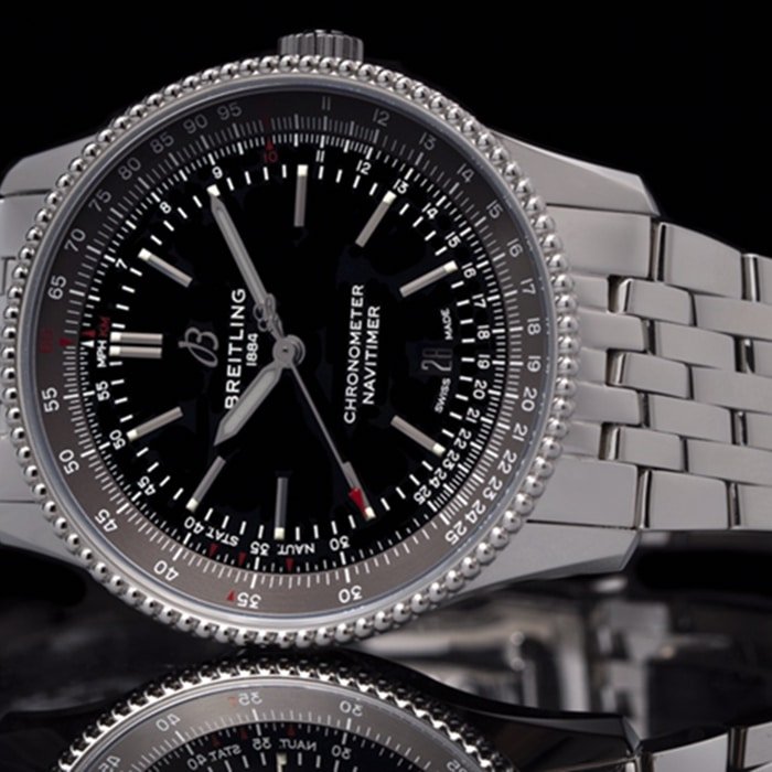 top-tier replica watch Breitling men's black dial aviation chronograph1 series steel bracelet watch front view