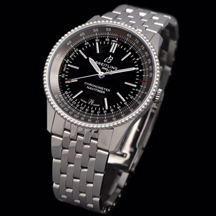 top-tier replica watch Breitling men's black dial aviation chronograph1 series steel bracelet watch front view