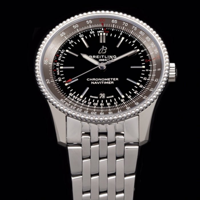 top-tier replica watch Breitling men's black dial aviation chronograph1 series steel bracelet watch detail shots