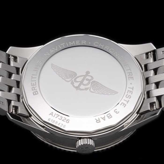 Top-tier replica watch Breitling men's black dial aviation chronograph1 series steel bracelet watch back cover picture