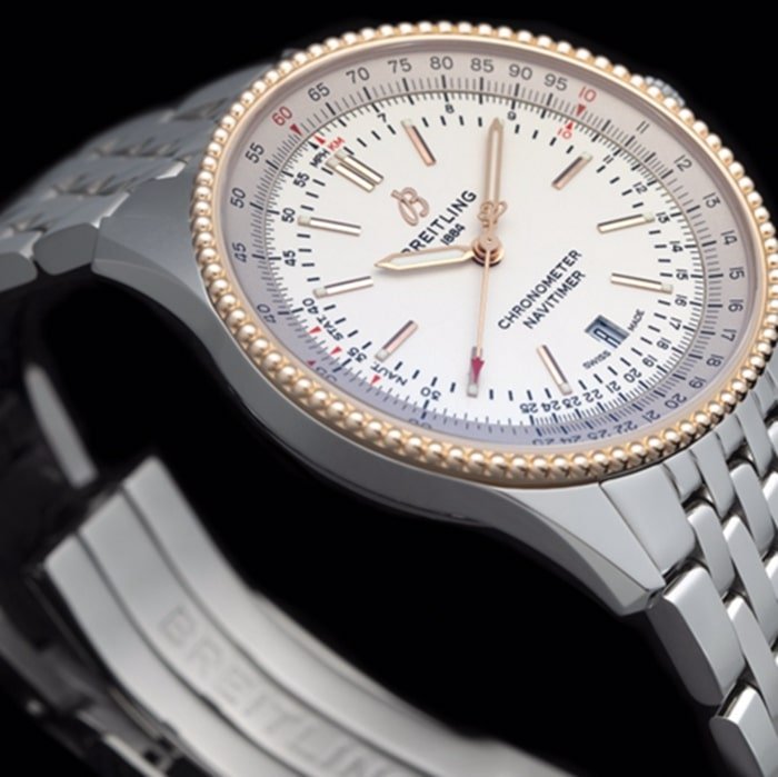 top-tier replica watch Breitling men's white dial aviation chronograph1 series steel bracelet watch side view