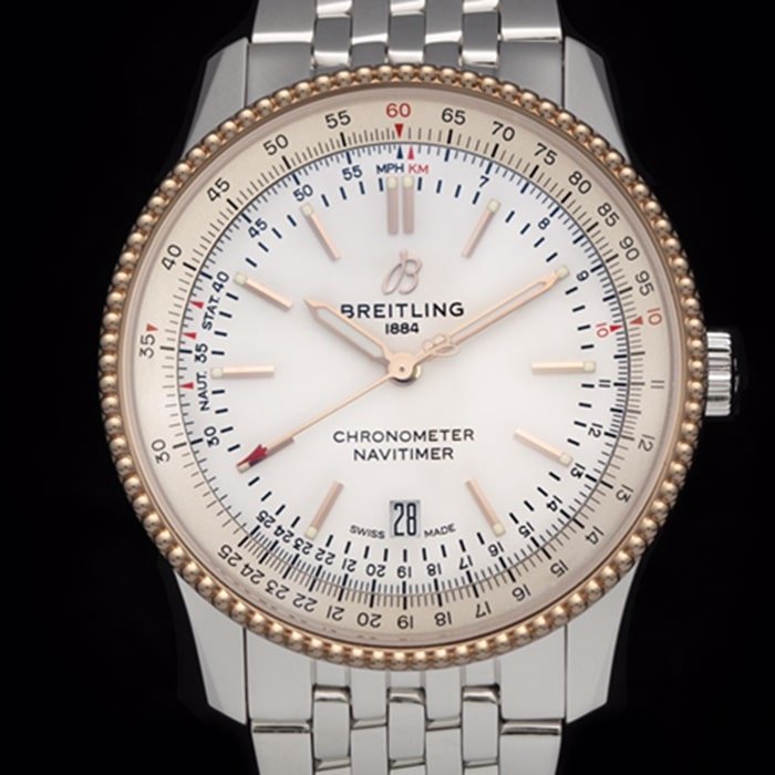 Top-tier replica watch Breitling men's white dial aviation chronograph1 series steel bracelet watch front view