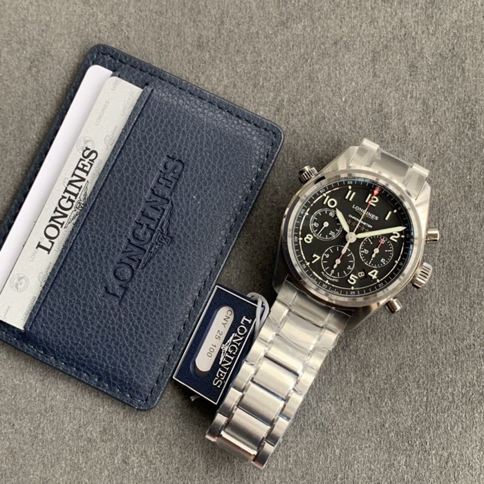 top-tier replica watch Longines men's black dial pioneer series steel bracelet watch front view