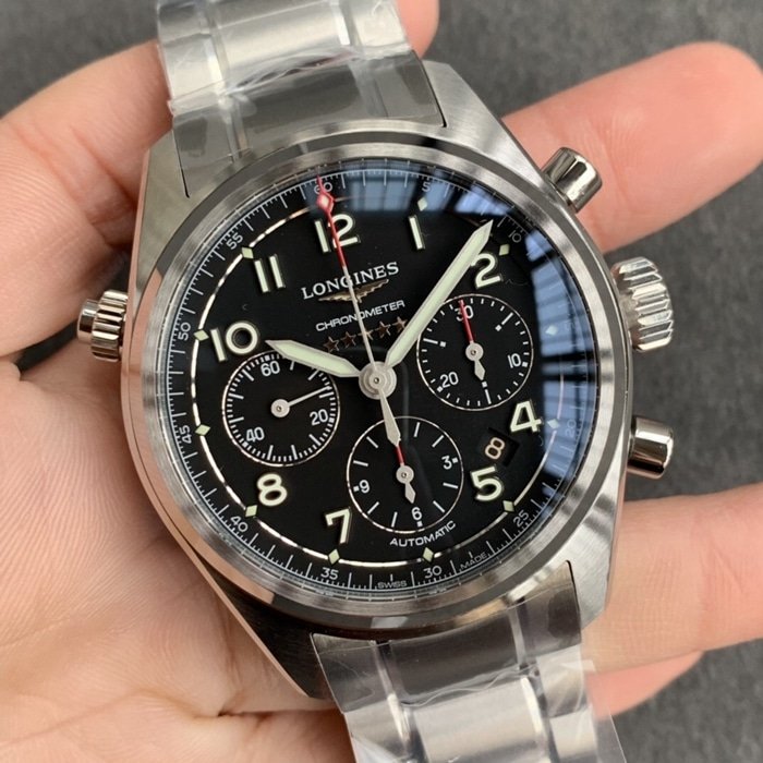 top-tier replica watch Longines men's black dial pioneer series steel bracelet watch front view