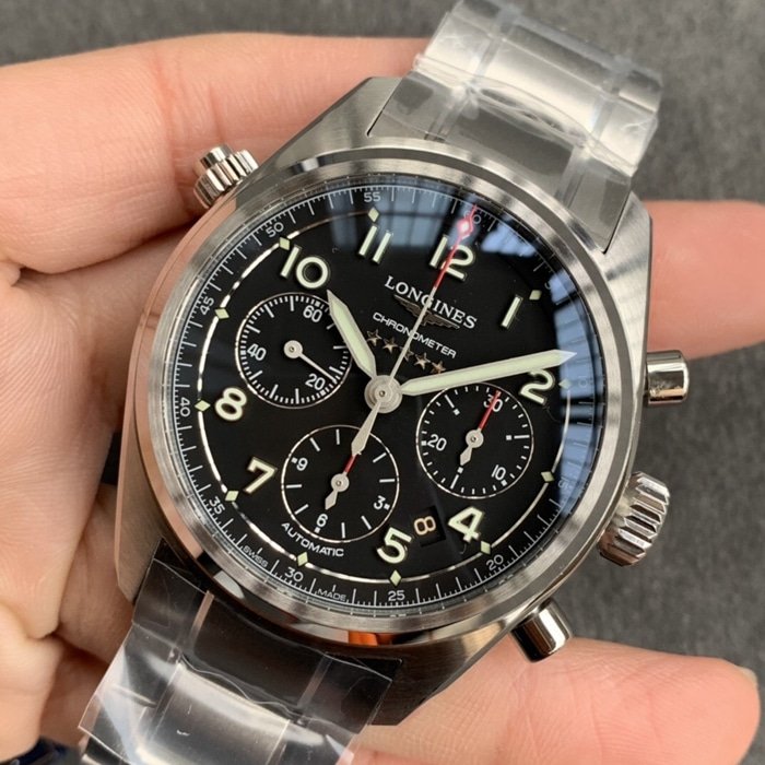 top-tier replica watch Longines men's black dial pioneer series steel bracelet watch front view