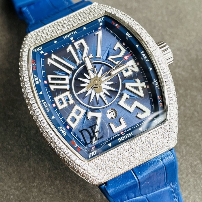 top-tier replica watch Frank Muller men's blue dialV45 SC DT series full automatic movement watch front view