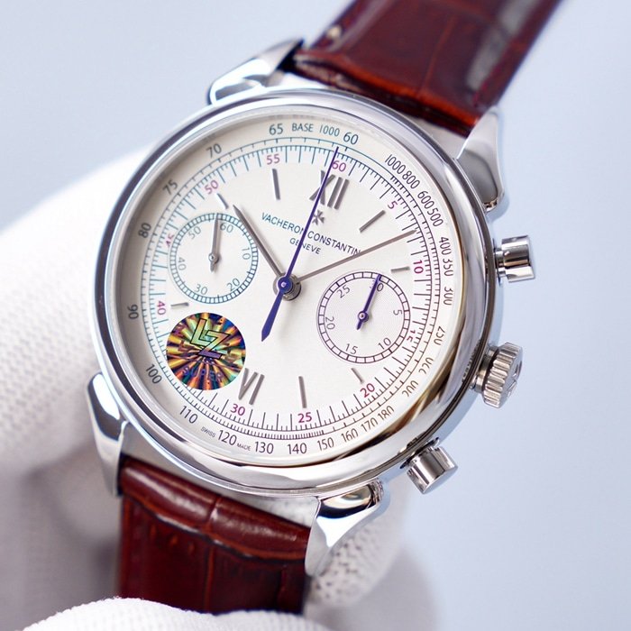 top-tier replica watch Vacheron Constantin men's white dial1955 series leather strap watch front view