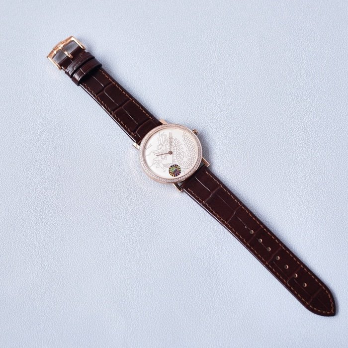 Top-tier replica watch Piaget men's white dial dragon and phoenix series leather strap watch front view