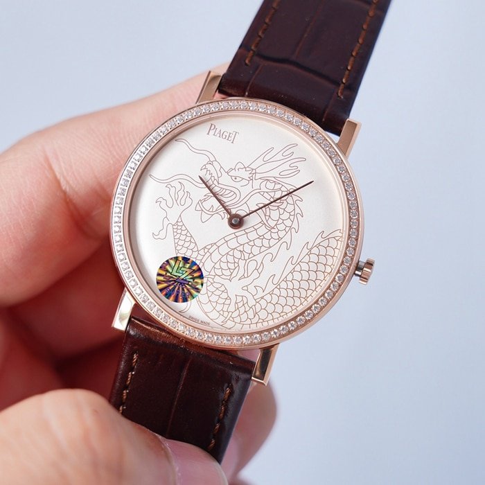 Top-tier replica watch Piaget men's white dial dragon and phoenix series leather strap watch front view