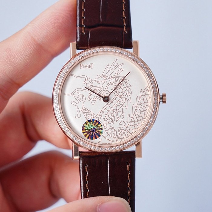 Top-tier replica watch Piaget men's white dial dragon and phoenix series leather strap watch front view