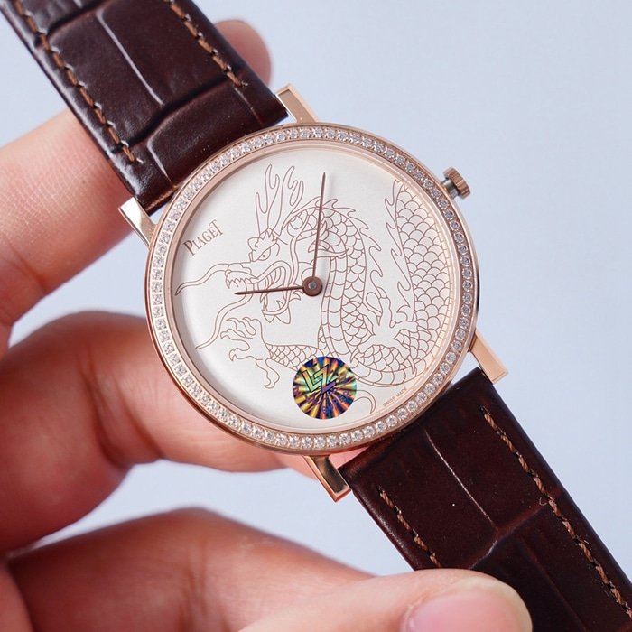 Top-tier replica watch Piaget men's white dial dragon and phoenix series leather strap watch front view
