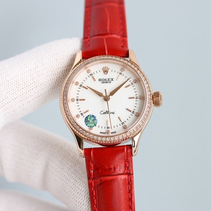 Top replica Rolex Ladies' Cellini series black dial leather strap watch, front view