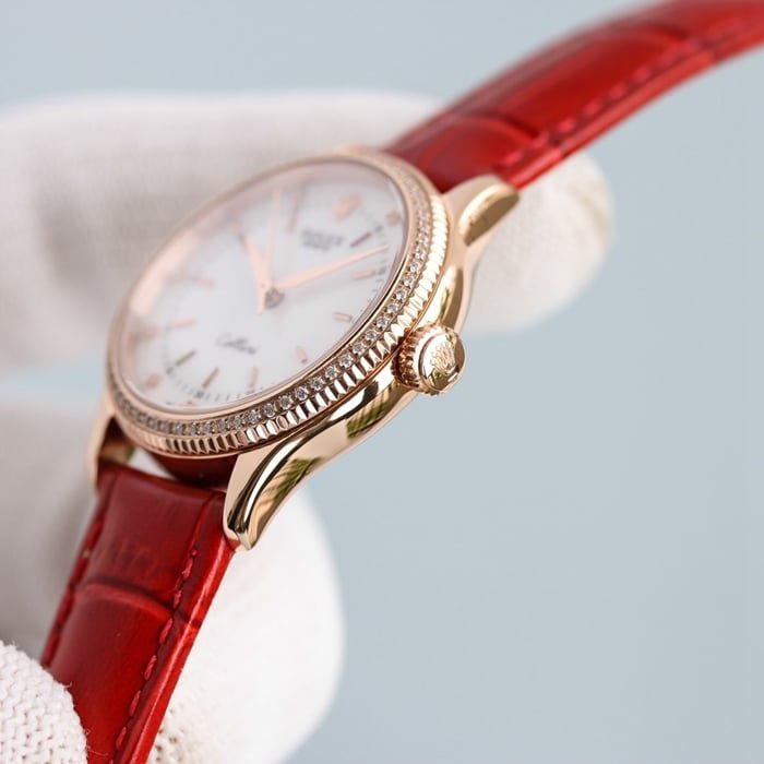 Top replica Rolex women's Cellini series leather strap watch, black dial, side view
