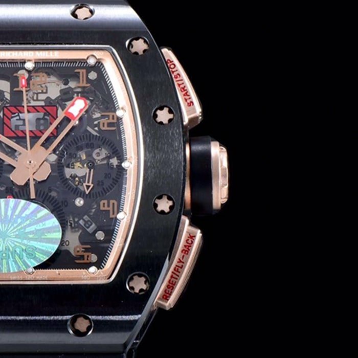 top-tier replica watch Richard Mille men's black dial automatic chronograph watch detail shots