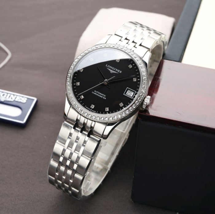top-tier replica watch Longines men's black dial pioneer series steel bracelet watch front view