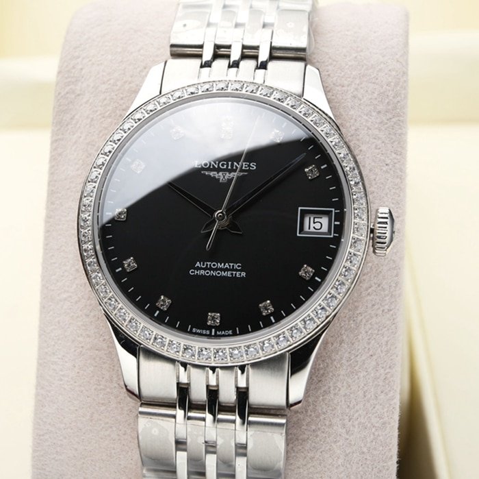 top-tier replica watch Longines men's black dial pioneer series steel bracelet watch front view