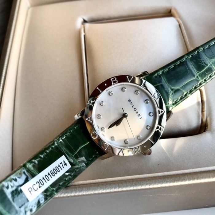 top-tier replica watch Bvlgari women's white dial automatic movementleather strap watch front view
