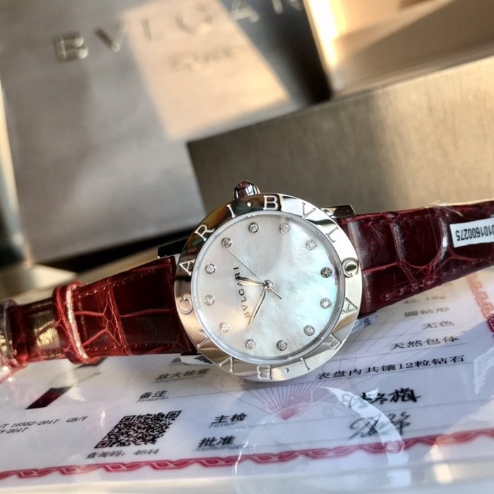 top-tier replica watch Bvlgari women's white dial automatic movementleather strap watch front view