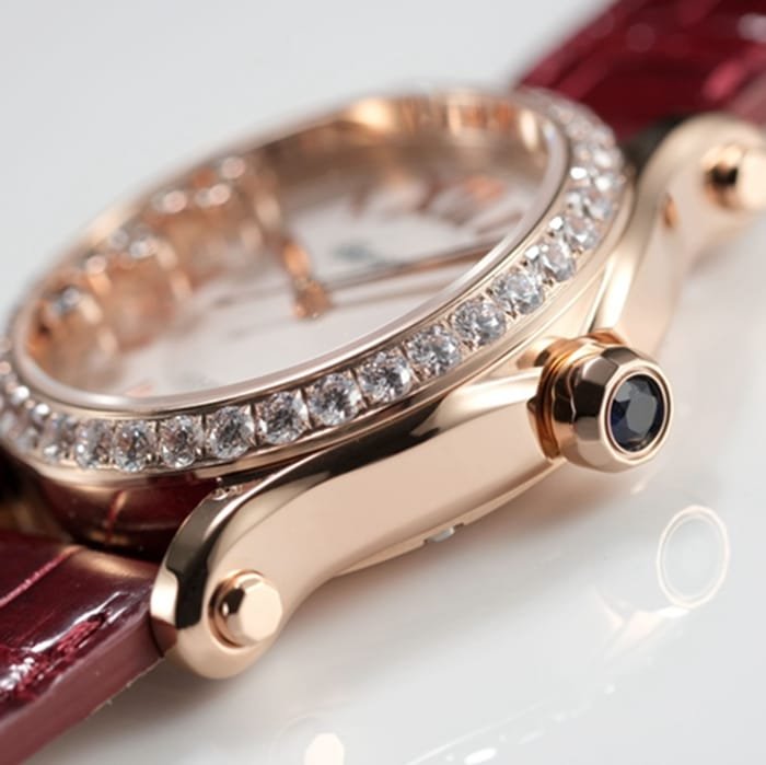 top-tier replica watch Chopard women's white dial red band HAPPY DIAMONDS series mechanical watch side view