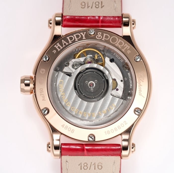 Top-tier replica watch Chopard women's white dial red band happy diamond series leather strap watch movement picture