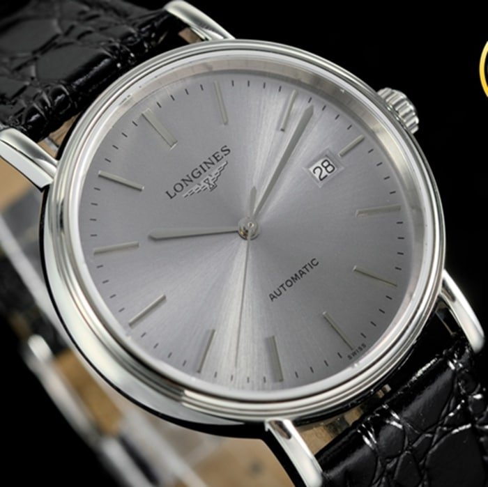 top-tier replica watch Longines men's gray plate black belt magnificent leather strap watch front view