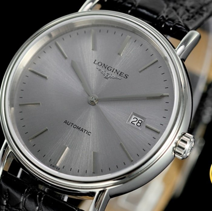 top-tier replica watch Longines men's gray plate black belt magnificent leather strap watch front view