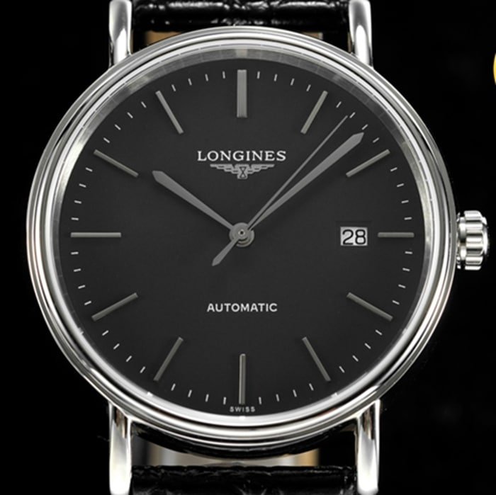 top-tier replica watch Longines men's black dial black belt magnificent series watch front view