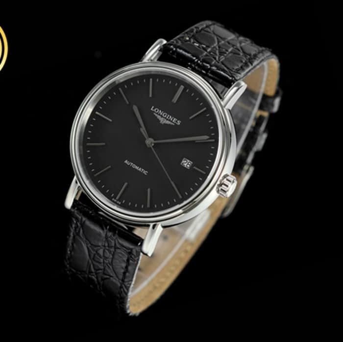 top-tier replica watch Longines men's black dial black belt magnificent series watch front view