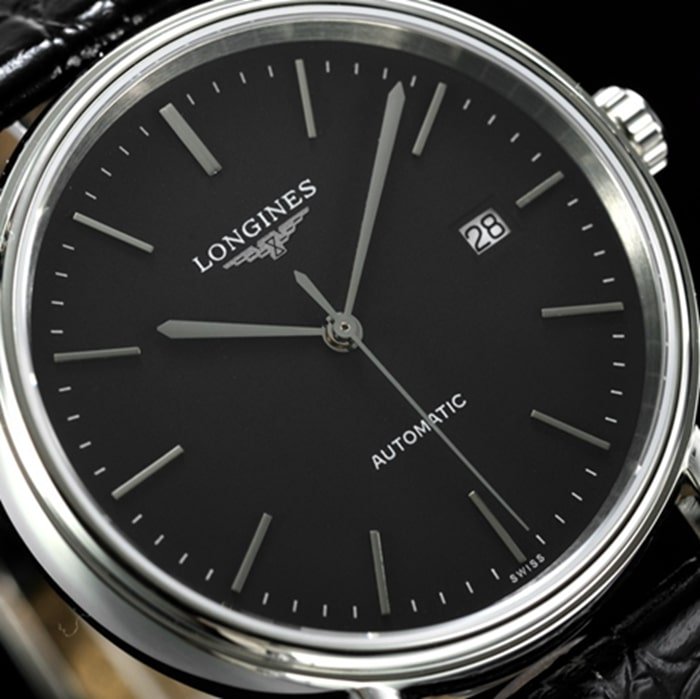 top-tier replica watch Longines men's black dial black belt magnificent series watch front view