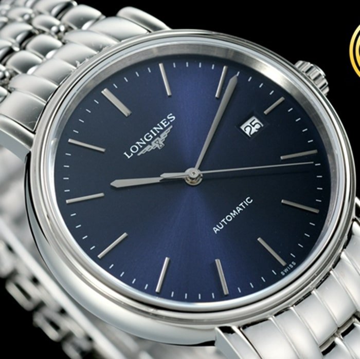 top-tier replica watch Longines men's blue dialsteel bracelet magnificent series watch front view