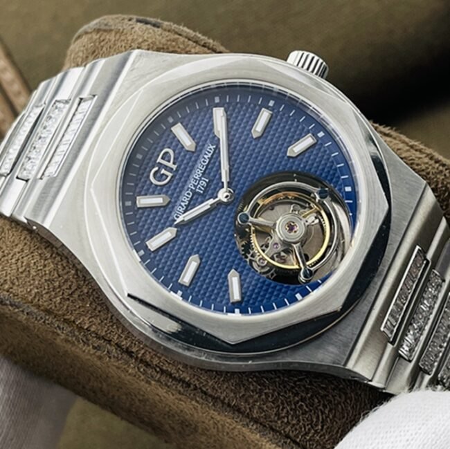 Top-tier replica watch Girard-Perregaux men's blue dialsteel bracelet Laurel series real tourbillon mechanical watch front view