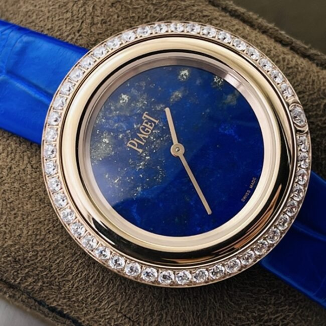 top-tier replica watch Piaget blue dial blue belt time series leather strap watch front view