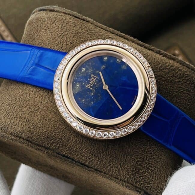 top-tier replica watch Piaget blue dial blue belt time series leather strap watch front view