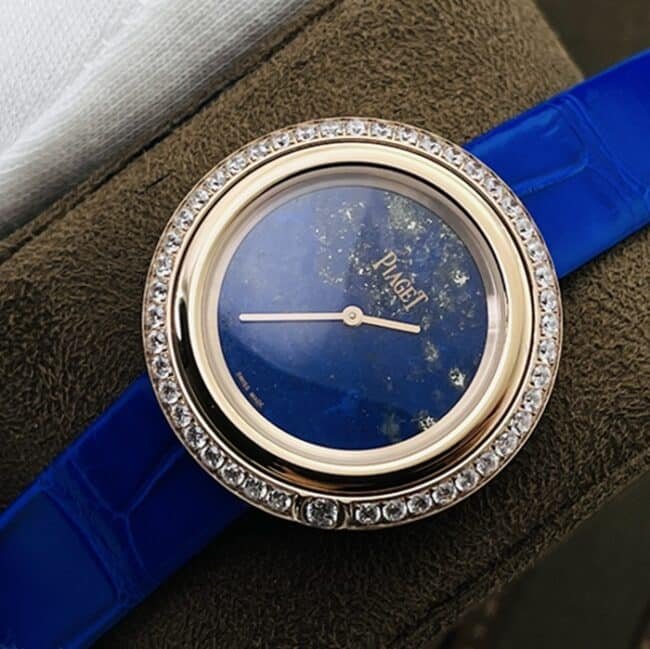top-tier replica watch Piaget blue dial blue belt time series leather strap watch front view