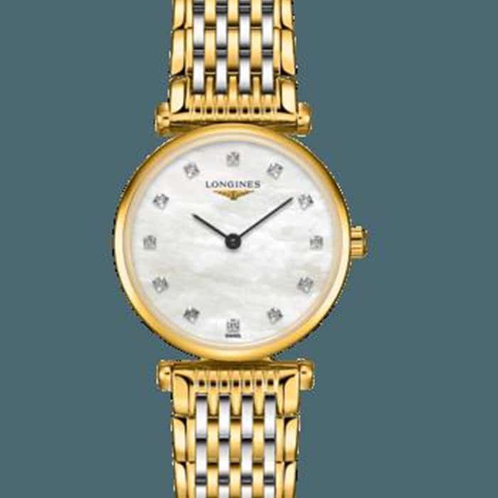 top-tier replica watch Longines couple watch white dial gold belt Jialan series quartz watch front view