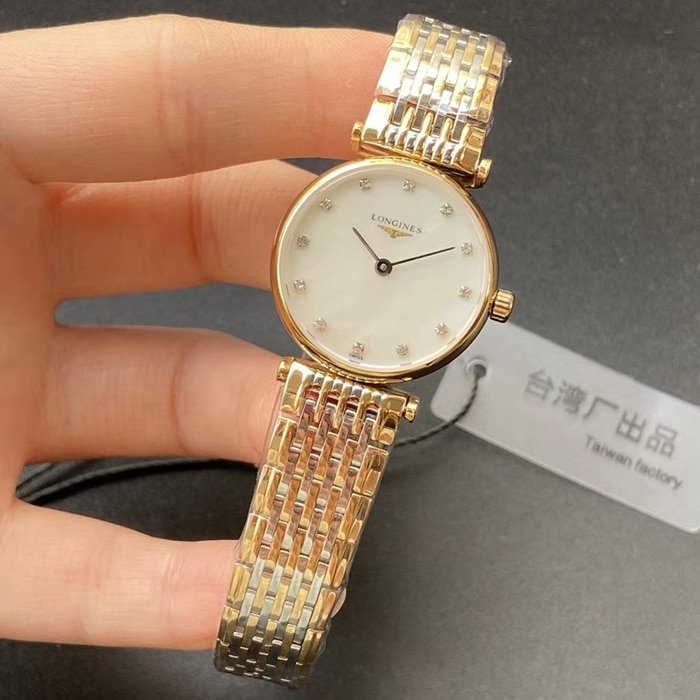top-tier replica watch Longines couple watch white dial gold belt Jialan series quartz watch front view