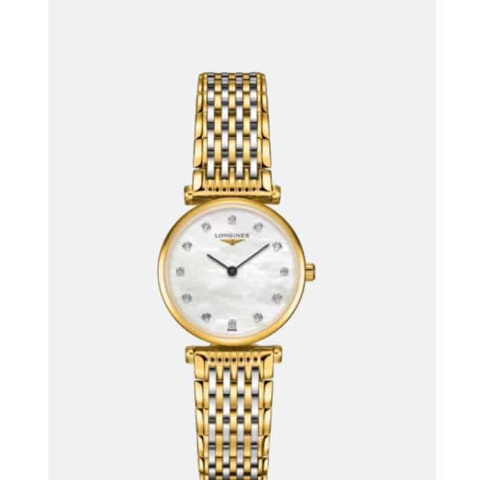 top-tier replica watch Longines couple watch white dial gold belt Jialan series quartz watch front view