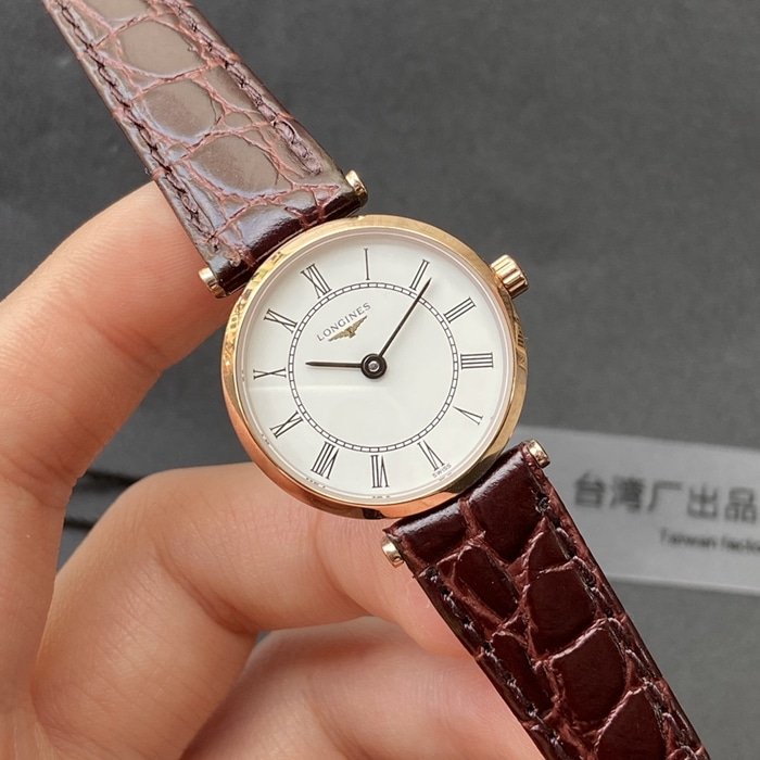 top-tier replica watch Longines couple watch white dial brown belt Jialan series leather strapquartz watch front view