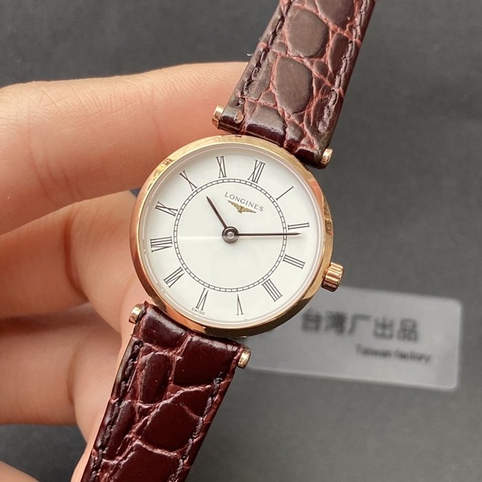 top-tier replica watch Longines couple watch white dial brown belt Jialan series leather strapquartz watch front view