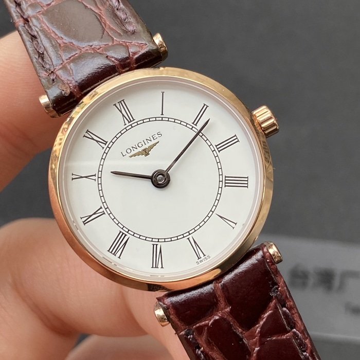 top-tier replica watch Longines couple watch white dial brown belt Jialan series leather strapquartz watch front view