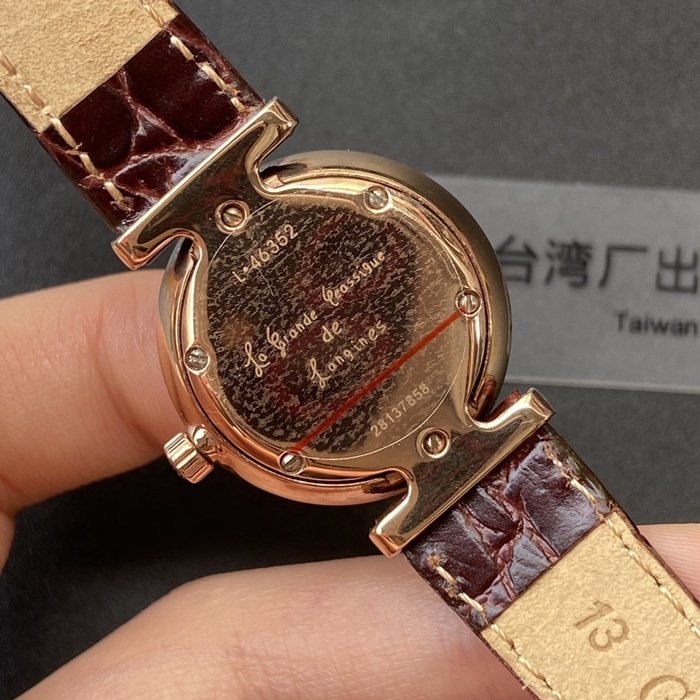 Top-tier replica watch Longines couple watch white dial brown belt Jialan series leather strapquartz watch back cover picture